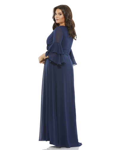 Mac Duggal Navy Pleated Bell Sleeve Chiffon Gown (plus) In Navy