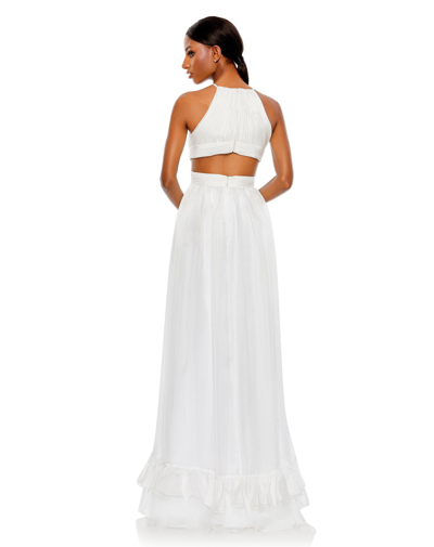 Mac Duggal Pleated Criss Cross Cut-out Halter Neck Gown In White