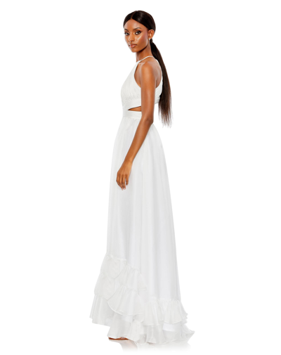 Mac Duggal Pleated Criss Cross Cut-out Halter Neck Gown In White