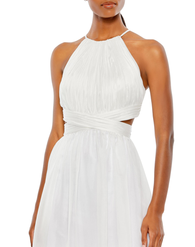 Mac Duggal Pleated Criss Cross Cut-out Halter Neck Gown In White