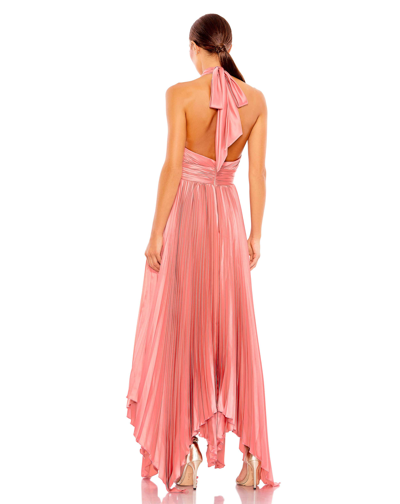 Mac Duggal Pleated Halter Neck Asymmetrical Hem Gown In Rose Pink