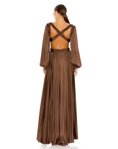 Shop Ieena For Mac Duggal Long Sleeve Pleated Charmeuse Cut Out Gown In Espresso