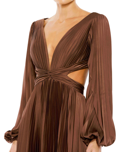 Shop Ieena For Mac Duggal Long Sleeve Pleated Charmeuse Cut Out Gown In Espresso