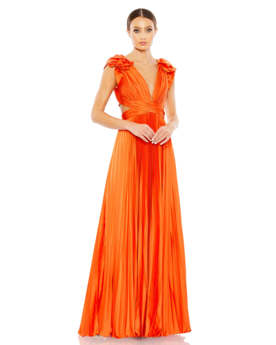 Shop Ieena For Mac Duggal Pleated Ruffled Cap Sleeve Cut Out Lace Up Gown In Sunset