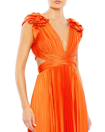 Shop Ieena For Mac Duggal Pleated Ruffled Cap Sleeve Cut Out Lace Up Gown In Sunset