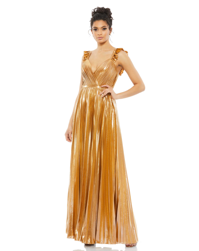 Shop Ieena For Mac Duggal Pleated Ruffled Sleeveless Gown In Gold