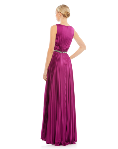 Mac Duggal Pleated Sleeveless Bateau Gown In Berry