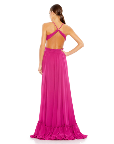 Mac Duggal Pleated Tiered Cut Out Sleeveless Gown In Fuchsia