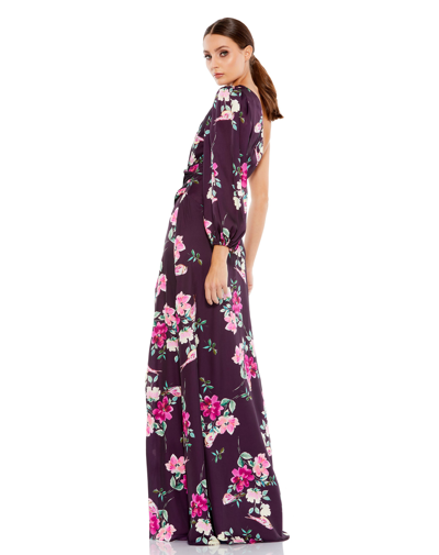 Mac Duggal Plum Floral Print One Sleeve Gown In Plum Floral