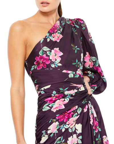 Mac Duggal Plum Floral Print One Sleeve Gown In Plum Floral