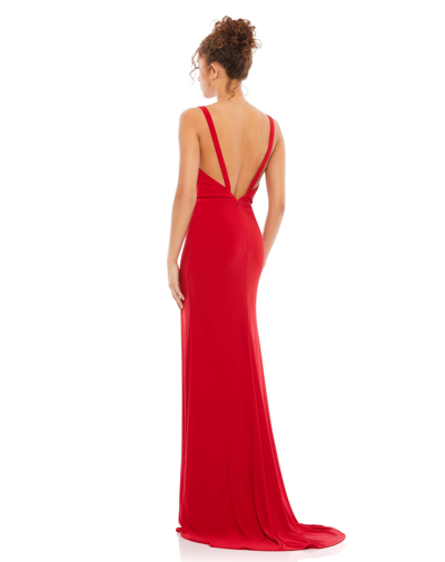 Shop Ieena For Mac Duggal Plunge Neck High Slit Gown In Red