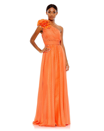 Shop Mac Duggal Polka Dot Ruffled One Shoulder Gown In Tangerine