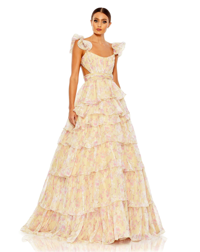 Shop Mac Duggal Print Ruffle Tiered Cut Out Back Tie Ball Gown In Buttercream