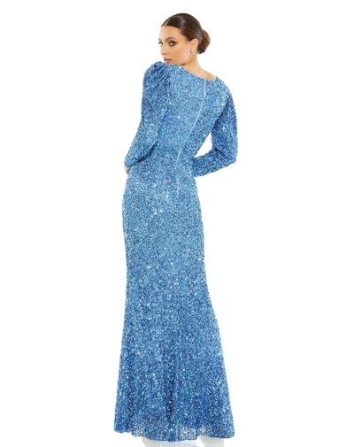 Shop Mac Duggal Puff Shoulder Sequined Surplice Gown In French Blue