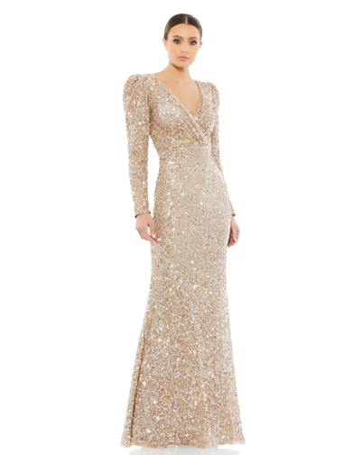 Shop Mac Duggal Puff Shoulder Sequined Surplice Gown In Shimmering Gold
