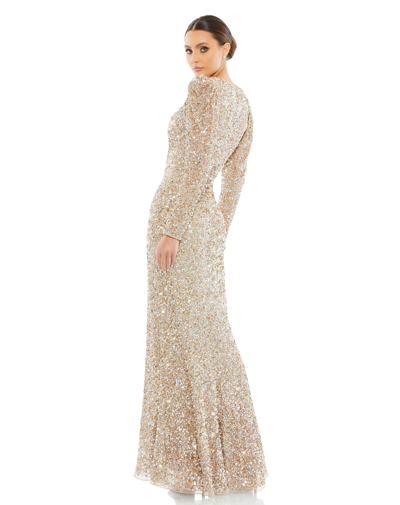 Shop Mac Duggal Puff Shoulder Sequined Surplice Gown In Shimmering Gold