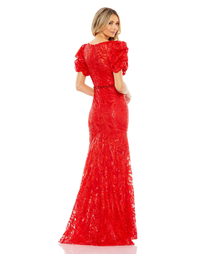Shop Mac Duggal Embellished Puff Sleeve Plunge Neck Trumpet Gown In Red