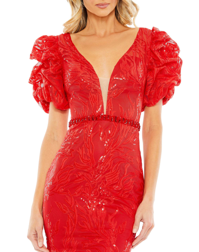 Shop Mac Duggal Embellished Puff Sleeve Plunge Neck Trumpet Gown In Red