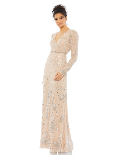 Shop Mac Duggal Puff Sleeve Floral Beaded Surplice Gown In Nude/silver