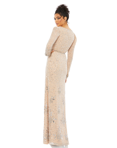 Shop Mac Duggal Puff Sleeve Floral Beaded Surplice Gown In Nude/silver
