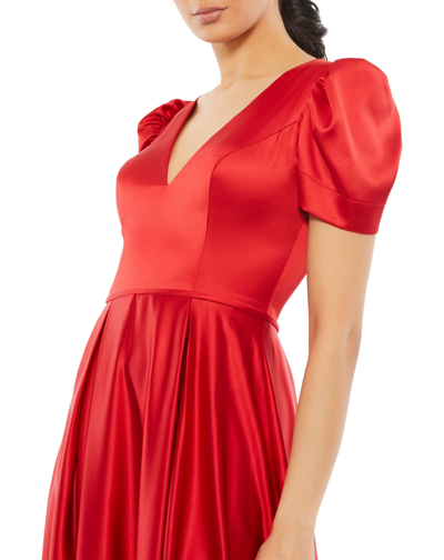 Shop Mac Duggal Puff Sleeve V-neck Satin Gown In Red