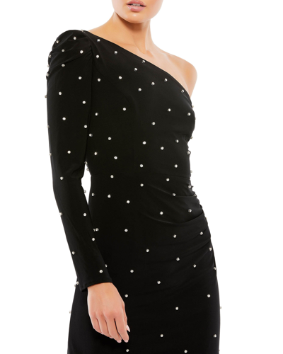Ieena For Mac Duggal Pearl Encrusted One Shoulder Long Sleeve Mini Dres Dress In Black