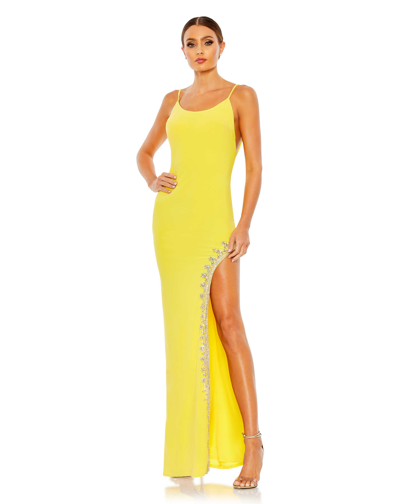 Shop Mac Duggal Rhinestone Encrusted Side Slit Cami Bodycon Gown In Yellow