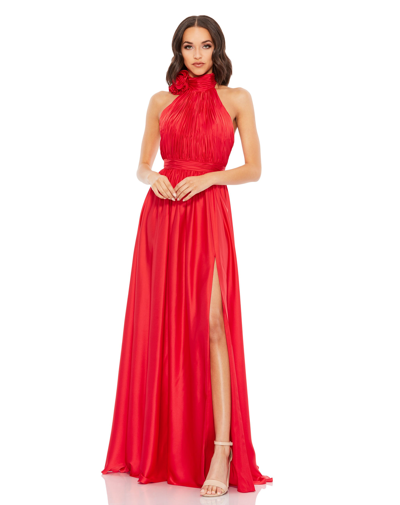 Shop Mac Duggal Rosette Halter Chiffon Evening Gown In Cherry