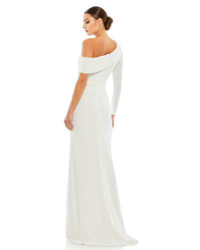 Shop Ieena For Mac Duggal Ruched Jersey Drop Shoulder Foldover Gown In White