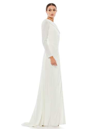 Shop Ieena For Mac Duggal Ruched Jersey Drop Shoulder Foldover Gown In White