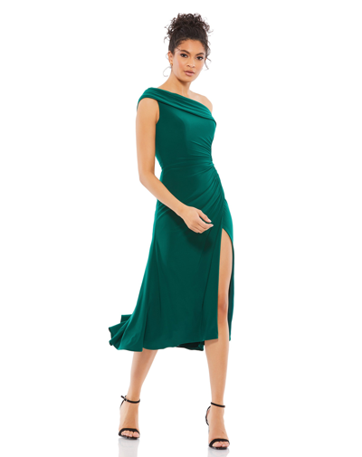 Shop Ieena For Mac Duggal Ruched Off-the-shoulder Midi Dress In Emerald Green
