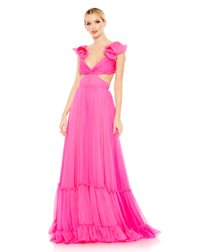 Shop Mac Duggal Ruched Ruffled Shoulder Cut Out Lace Up Gown In Hot Pink