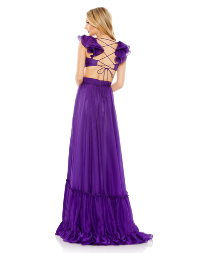 Shop Mac Duggal Ruched Ruffled Shoulder Cut Out Lace Up Gown In Purple