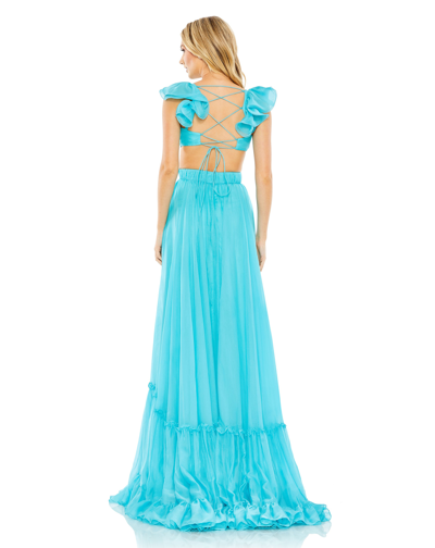 Shop Mac Duggal Ruched Ruffled Shoulder Cut Out Lace Up Gown In Turquoise