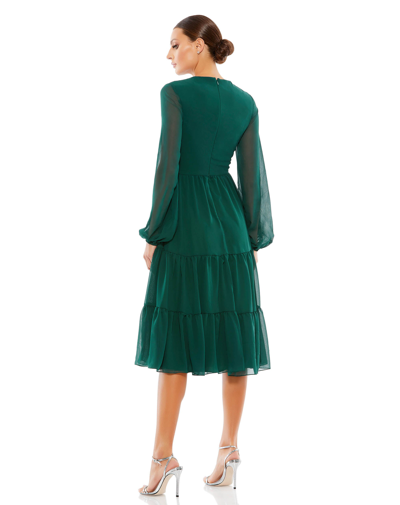 Shop Ieena For Mac Duggal Ruched V-neck Tiered Midi Dress - Final Sale In Emerald Green