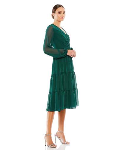 Shop Ieena For Mac Duggal Ruched V-neck Tiered Midi Dress - Final Sale In Emerald Green
