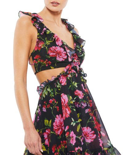 Mac Duggal Ruffle Cutout Lace Up Mini Dress In Black Multi