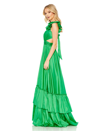 Shop Mac Duggal Ruffle Shoulder Cut Out Gown In Lime