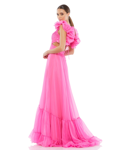 Mac Duggal Cutout Ruffle Tulle Lace-up Gown In Hot Pink