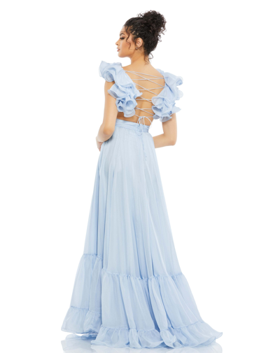 Mac Duggal Ruffle Shoulder Lace Up Gown In Powder Blue