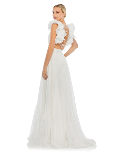 Mac Duggal Ruffle Shoulder Lace Up Gown In White
