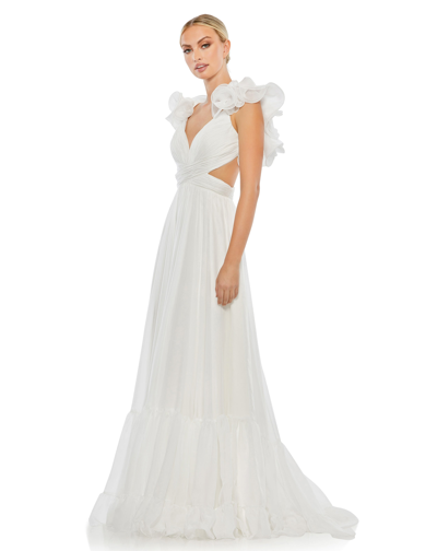 Mac Duggal Ruffle Shoulder Lace Up Gown In White