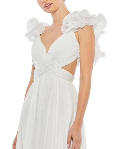 Mac Duggal Ruffle Shoulder Lace Up Gown In White
