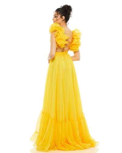 Ieena For Mac Duggal Ruffle Tiered Cut-out Chiffon Gown In Sunshine