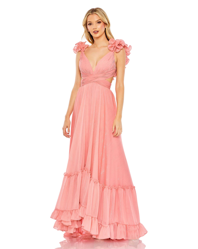 Shop Mac Duggal Ruffle Sleeve V Neck A Line Gown In Coral