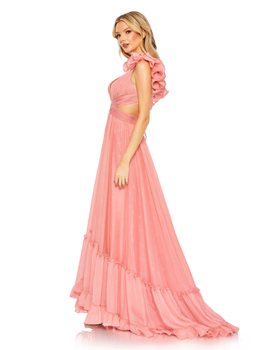 Mac Duggal Pleated Halter Neck Asymmetrical Hem Gown In Rose Pink