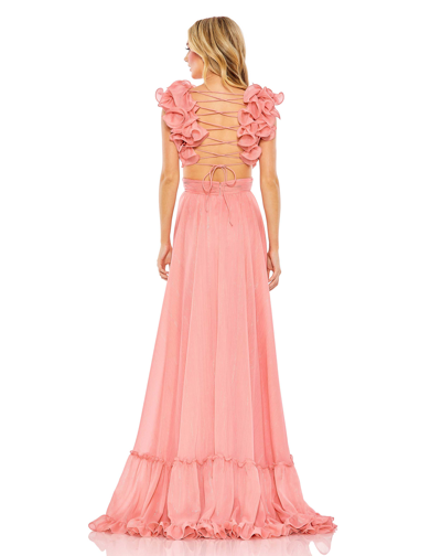 Mac Duggal Pleated Halter Neck Asymmetrical Hem Gown In Rose Pink