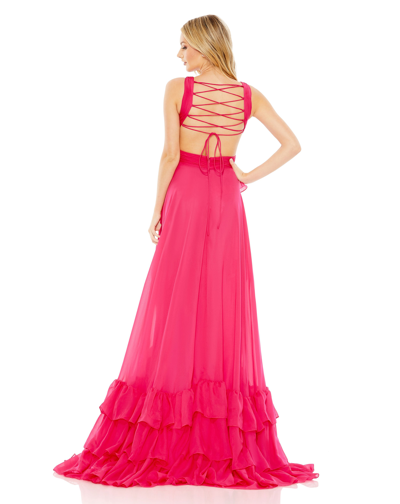 Shop Mac Duggal Ruffle Tiered Cross Over High Low Gown - Final Sale In Hot Pink