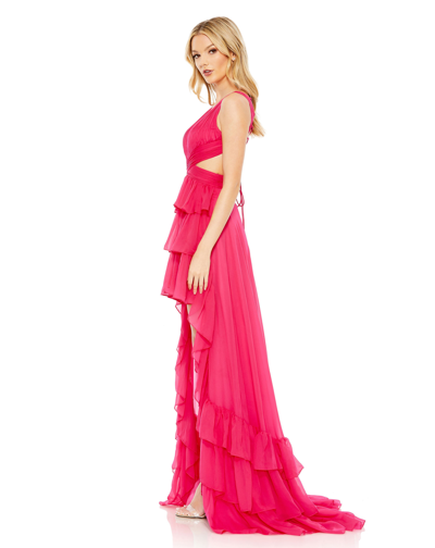 Shop Mac Duggal Ruffle Tiered Cross Over High Low Gown - Final Sale In Hot Pink