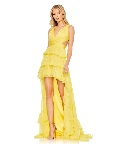 Shop Mac Duggal Ruffle Tiered Cross Over High Low Gown - Final Sale In Sunshine